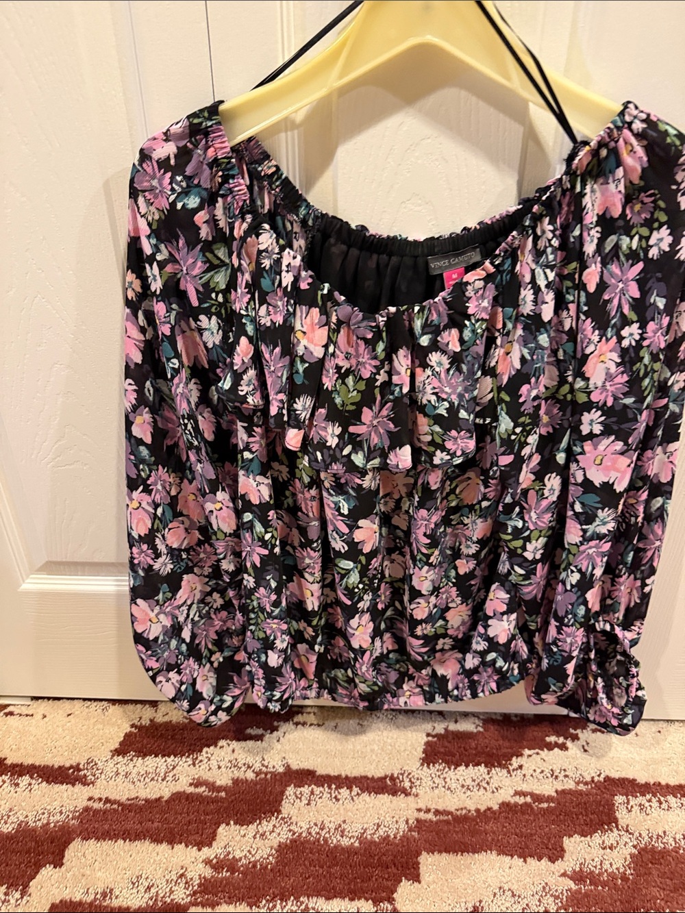 Vince Camuto Black Off-Shoulder Floral Blouse with Pink and Green Accents size M